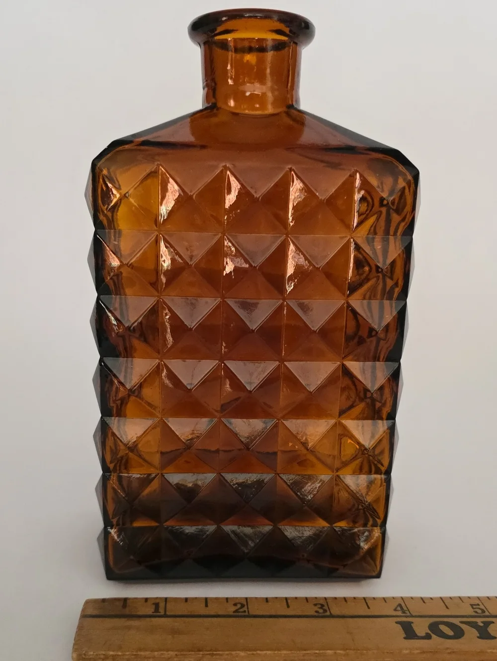 Vintage Amber Glass Decanter Made in Spain Mid Century Diamond Point Barware